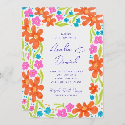 Tropische Marker Schets Bloem Grens Bruiloft Kaart (Voorkant / Achterkant)