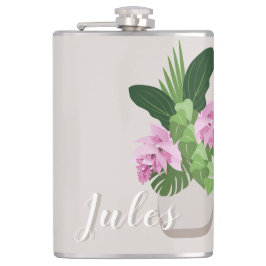 Tropische Medinilla Roze Bloem in Beige Vaas Naam Heupfles