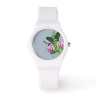 Tropische Medinilla Roze Bloem in Blauwe Vaas Horloge