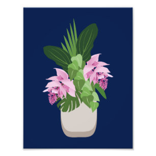Tropische Medinilla Roze Bloem Vaas op Donkerblauw Foto Afdruk