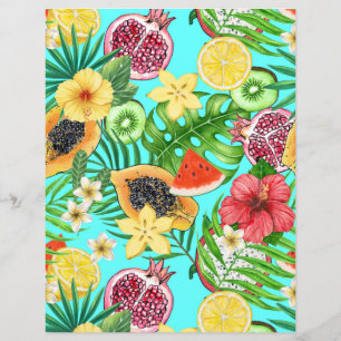 Tropische mix-fruit, bloemen en bladeren op blauw