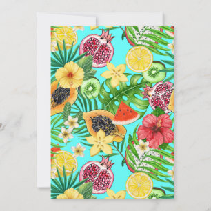 Tropische mix-fruit, bloemen en bladeren op blauw