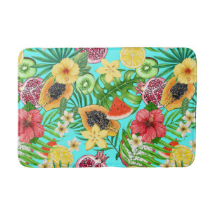 Tropische mix-fruit, bloemen en bladeren op blauw badmat