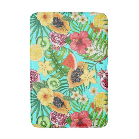 Tropische mix-fruit, bloemen en bladeren op blauw badmat (Voorkant Verticaal)