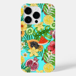 Tropische mix-fruit, bloemen en bladeren op blauw Case-Mate iPhone 14 pro hoesje