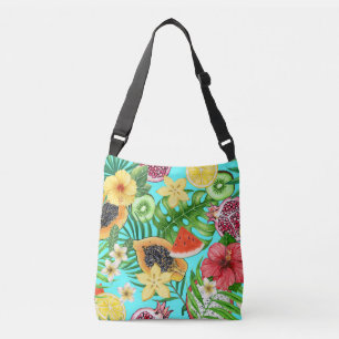 Tropische mix-fruit, bloemen en bladeren op blauw crossbody tas