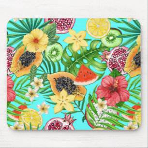 Tropische mix-fruit, bloemen en bladeren op blauw muismat