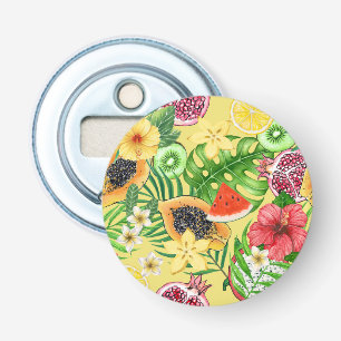 Tropische mix-fruit, bloemen en bladeren op geel button flesopener