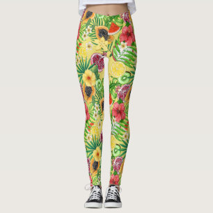 Tropische mix-fruit, bloemen en bladeren op geel leggings