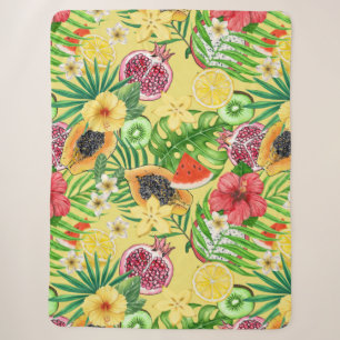 Tropische mix-fruit, bloemen en bladeren op geel sherpa deken
