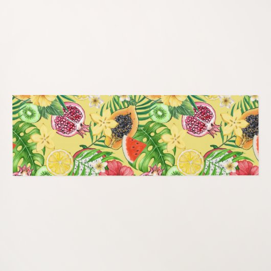 Tropische mix-fruit, bloemen en bladeren op geel yogamat (Achterkant (horizontaal))