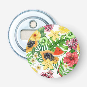 Tropische mix-fruit, bloemen en bladeren op wit button flesopener