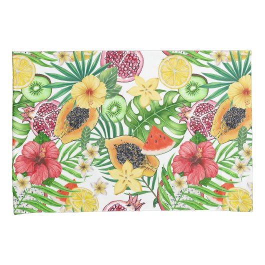 Tropische mix-fruit, bloemen en bladeren op wit kussensloop (Voorkant-Rechts)
