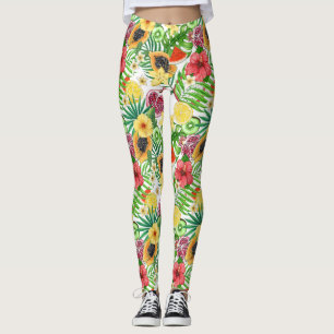 Tropische mix-fruit, bloemen en bladeren op wit leggings