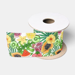 Tropische mix-fruit, bloemen en bladeren op wit lint
