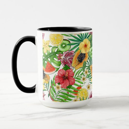 Tropische mix-fruit, bloemen en bladeren op wit mok (Links)