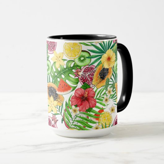 Tropische mix-fruit, bloemen en bladeren op wit mok (Voorkant rechts)