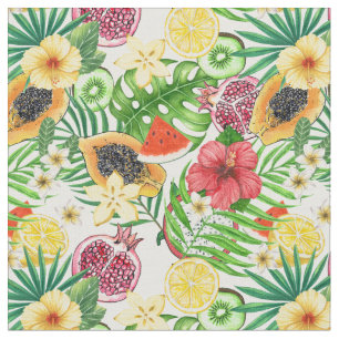 Tropische mix-fruit, bloemen en bladeren op wit stof