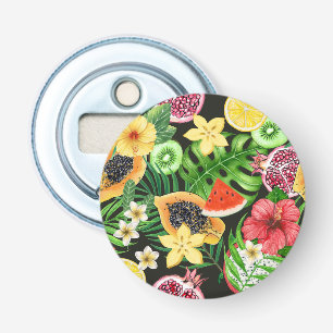 Tropische mix-fruit, bloemen en bladeren op zwart button flesopener