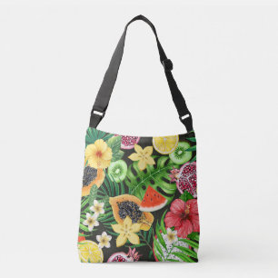 Tropische mix-fruit, bloemen en bladeren op zwart crossbody tas