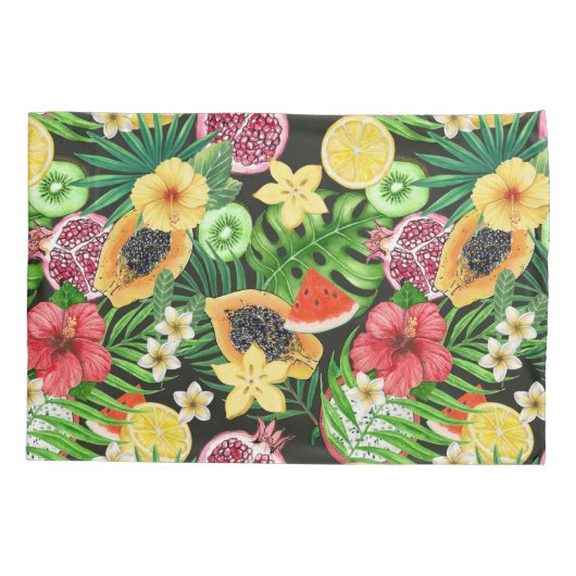 Tropische mix-fruit, bloemen en bladeren op zwart kussensloop (Achterkant-Links)