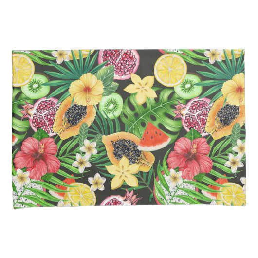 Tropische mix-fruit, bloemen en bladeren op zwart kussensloop (Voorkant-Rechts)