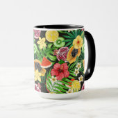 Tropische mix-fruit, bloemen en bladeren op zwart mok (Voorkant rechts)