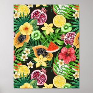 Tropische mix-fruit, bloemen en bladeren op zwart poster