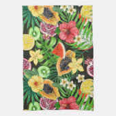 Tropische mix-fruit, bloemen en bladeren op zwart theedoek (Verticaal)