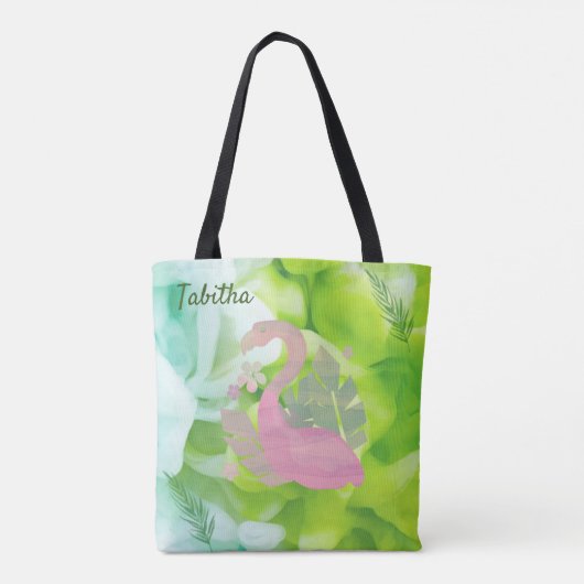 Tropische Moderne Roze Flamingo en Palms Canvas ta Draagtas (Achterkant)