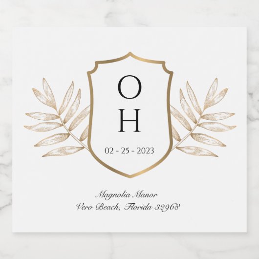 Tropische Monogram Gouden Kam Trouwfles Label Sparkling Wijnetiket (Enkel label)