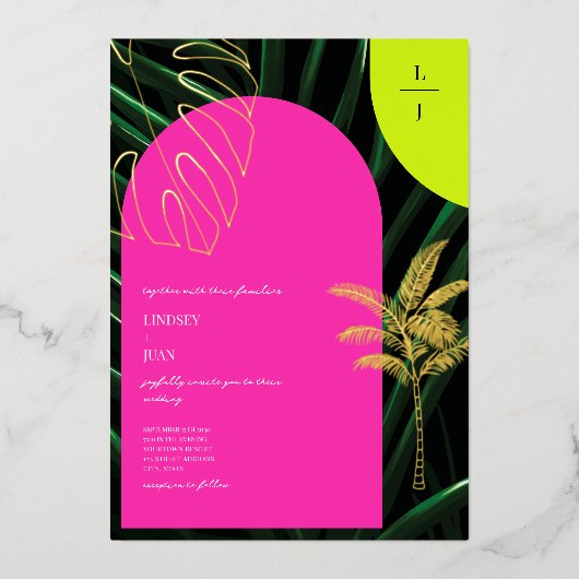 Tropische Monogram Neon Arches Palm Tree Bruiloft Folie Uitnodiging (Voorkant)