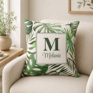 Tropische Monstera Aangepaste Naam en Initiaal Kussen