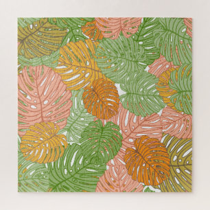 Tropische monstera bladeren, kleurrijk naadloos pa legpuzzel
