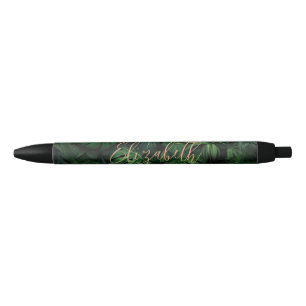 Tropische Monstera Gouden Script Naam Zwarte Inkt Pen