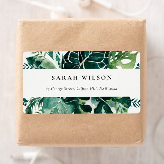 Tropische monstera Green Foliage Leafy Address Lab Etiket (Insitu)