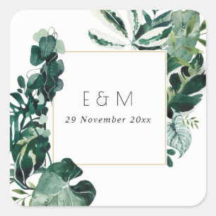 Tropische monstera Green Foliage Monogram Weddensc Vierkante Sticker