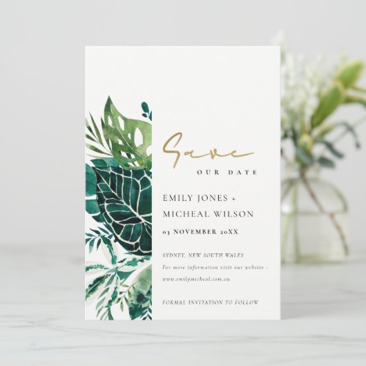 Tropische monstera Green Leafy Save the Date Invit Bedankkaart (Staand voorkant)