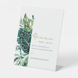 Tropische monstera Leafy Wedding Hashtag Share Lov Reclamebord Met Voetstuk