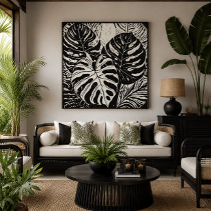 Tropische Monstera Linocut stijl kunst Canvas Afdruk