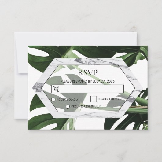 Tropische monstera Marmer Wedding RSVP Kaarten (Voorkant)