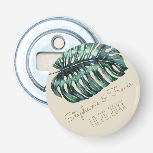 Tropische Monstera Palm Bruiloft Datum Favor Magne Button Flesopener (Voorkant)