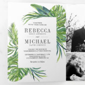 Tropische monstera Palm Foto Collage Wedding Drieluik Uitnodiging (Binnenzijde eerst)
