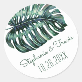 Tropische Monstera Palm Leaf trouwdatum Ronde Sticker