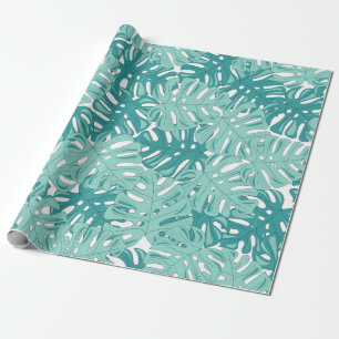 Tropische monstera Verlaat Blauwe en Witte Waterve Cadeaupapier