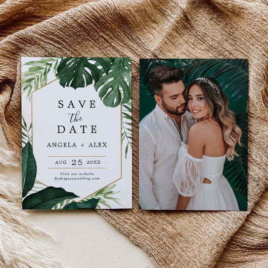 Tropische Monstera Wedding Save the Date Kaart