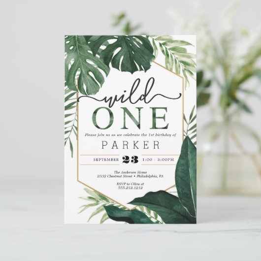 Tropische monstera Wild 1 eerste verjaardag Uitnod Kaart (Staand voorkant)