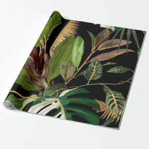 Tropische nacht palm, banaan, plant, goud cadeaupapier