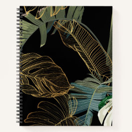 Tropische nacht  palm, banaan, plant, goud notitieboek