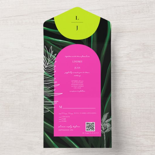 Tropische Neon Arches Palm Tree Monogram QR Bruilo All In One Uitnodiging (Binnen)